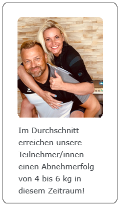 Im Durchschnitt erreichen unsere Teilnehmer/innen einen Abnehmerfolg von 4 bis 6 kg in diesem Zeitraum. 4 Wochen EMS Abnehm Programm
